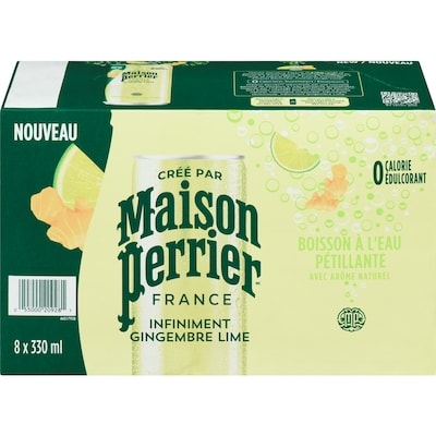 Maison Perrier Infiniment Gingembre Lime, boisson à l’eau pétillante, arôme naturel de gingembre et de lime, sans calorie, sans édulcorant, sans sodium, recueillie et embouteillée en France 8x330.0 ml, 0,30 $/100ml