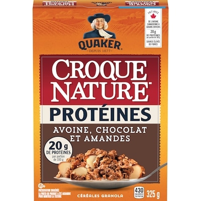 Quaker Croque Nature Proteine Avoine, chocolat et amande Céréales prêtes à servir 325 g, 2,46 $/100g