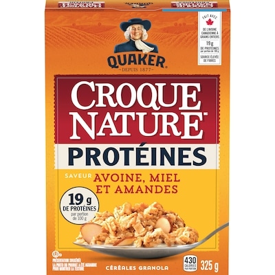 Quaker Croque Nature Proteine Avoine, Miel et amande Céréales prêtes à servir 325 g, 2,46 $/100g