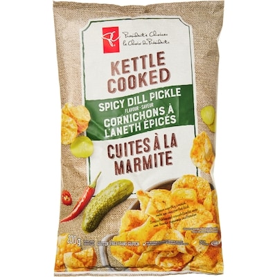 President's Choice Spicy Dill Pickle Flavour Kettle Cooked Potato Chips 200 g, $1.40/100g
