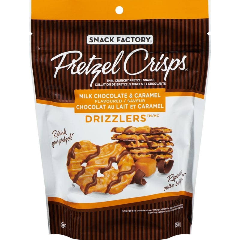 Pretzel Crisps Drizzlers Thin, Crunchy Pretzel Snacks Milk Chocolate & Caramel Flavoured