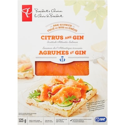 President's Choice Oak-Smoked Citrus and Gin Scottish Atlantic Salmon 125 g, $9.83/100g