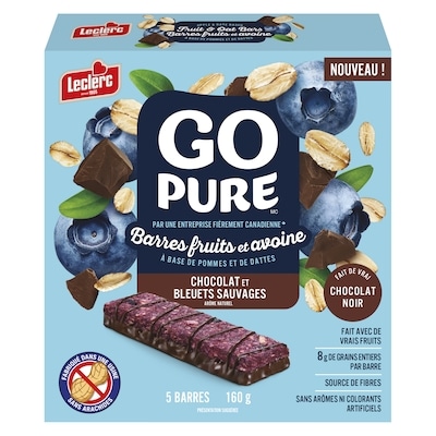 Leclerc Go Pure Barres aux fruits et à l'avoine, chocolat et bleuet sauvage 160 g, 2,97 $/100g