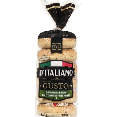 D’Italiano Gusto! Tout garni et fines herbes 6 bagels 540 g, 0,98 $/100g