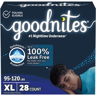 Goodnites Boys Nighttime Bedwetting Underwear, X-L (95-140+ lbs) 28 Ct 28 ea, $1.25/1ea