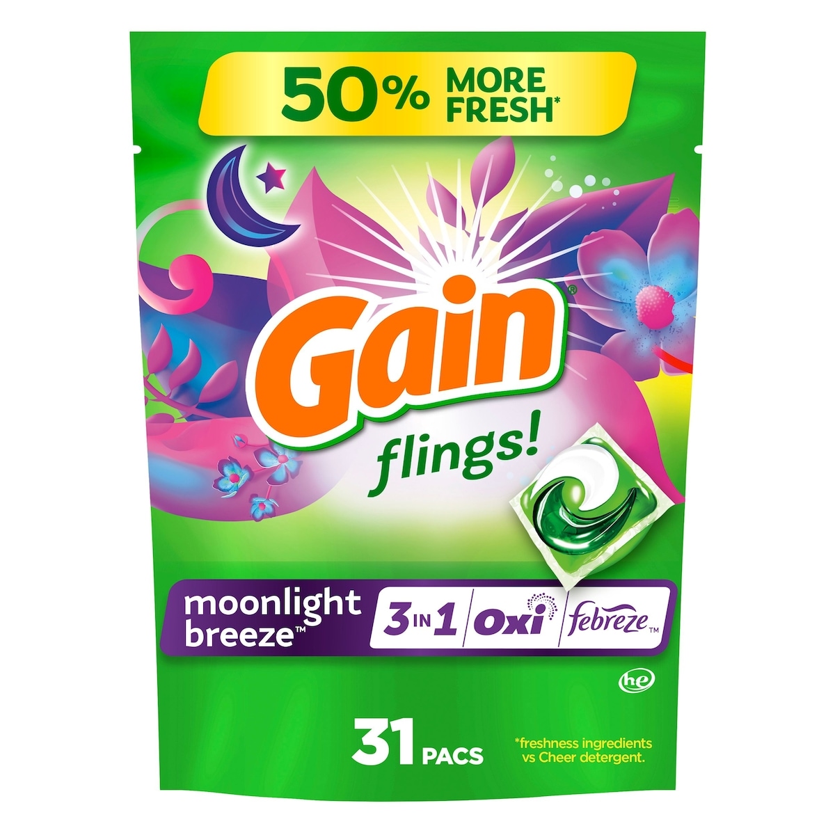 Gain flings Laundry Detergent Soap Pacs, HE Compatible, 31 ct, Long Lasting Scent, Moonlight Breeze 660 g, $2.12/100g