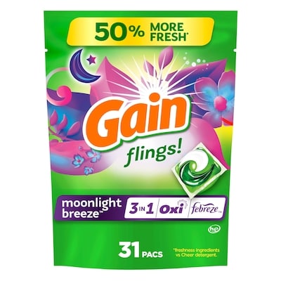 Gain flings Laundry Detergent Soap Pacs, HE Compatible, 31 ct, Long Lasting Scent, Moonlight Breeze 660 g, $2.12/100g