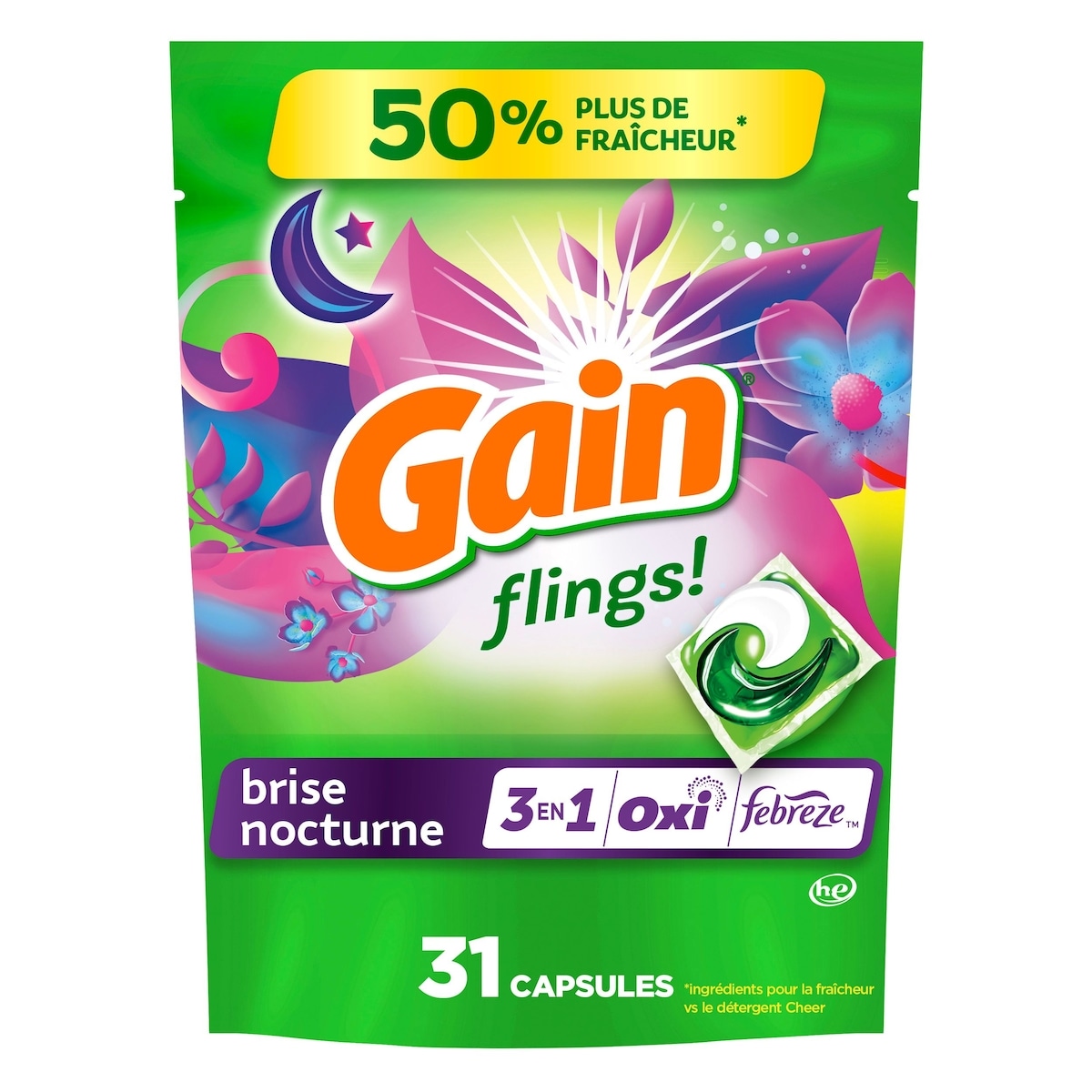 Gain Capsules de détergent à lessive flings, compatible avec les laveuses HE, parfum Brise nocturne longue durée, 31 capsules 660 g, 2,12 $/100g