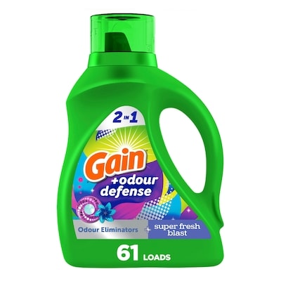 Gain + Odor Defense Liquid Laundry Detergent, Super Fresh Blast Scent, 61 Loads, HE Compatible 2.6 l, $0.62/100ml