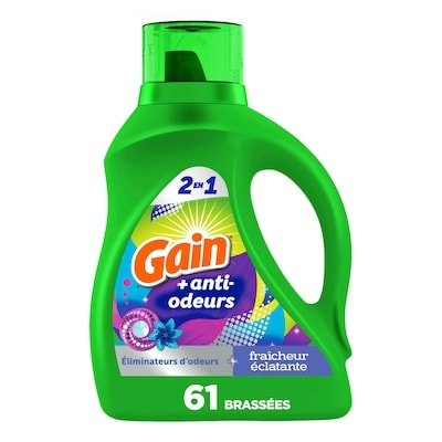 Gain Détergent à lessive liquide + Odeur defense, parfum Explosion de fraîcheur, compatible avec les laveuses HE, 61brassées 2.6 l, 0,62 $/100ml