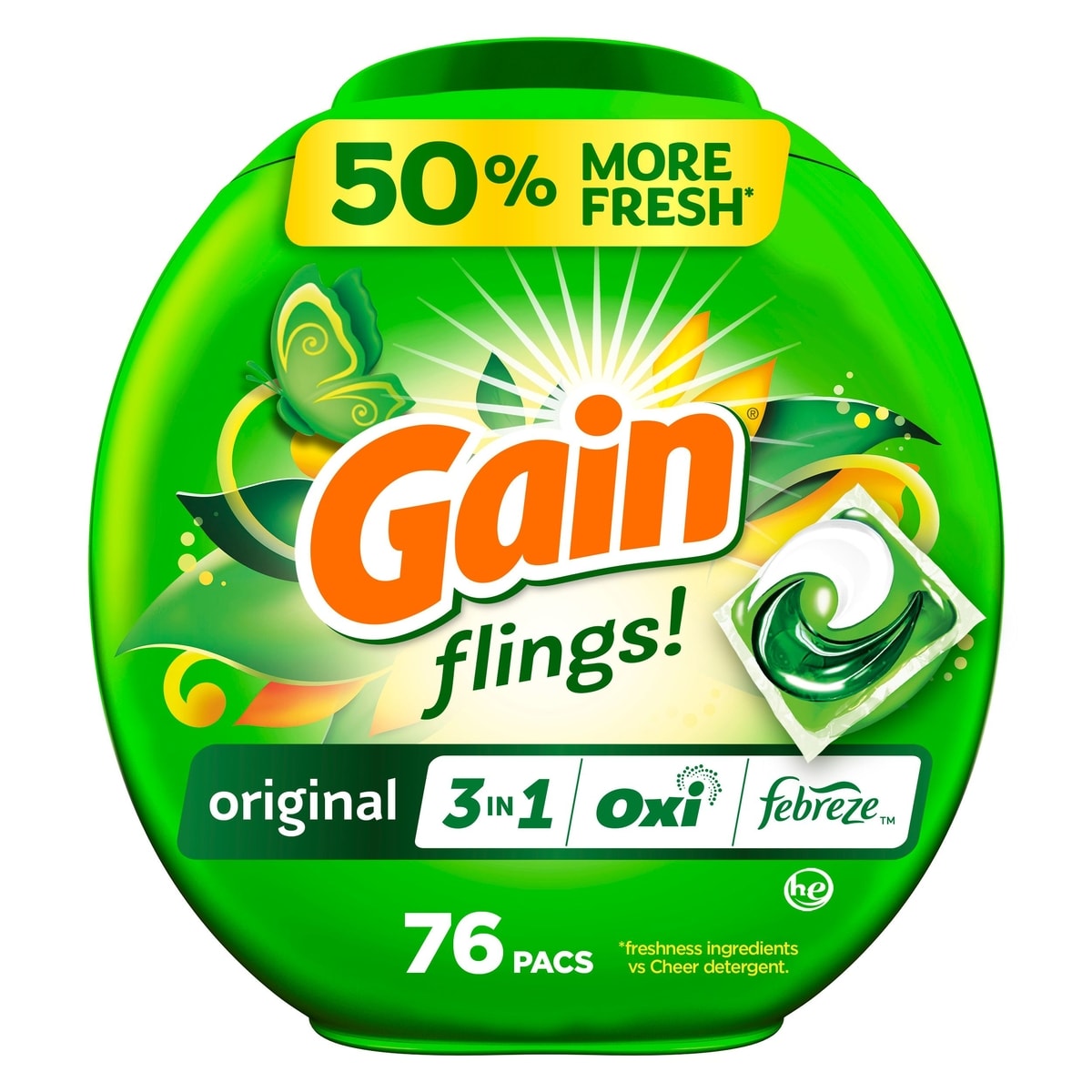 Gain Flings Laundry Detergent Pacs, 76 Count, Original Scent, 3 in 1 HE Detergent Pacs with Oxi Boost and Febreeze 1.54 kg, $1.30/100g