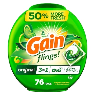 Gain Flings Laundry Detergent Pacs, 76 Count, Original Scent, 3 in 1 HE Detergent Pacs with Oxi Boost and Febreeze 1.54 kg, $1.62/100g