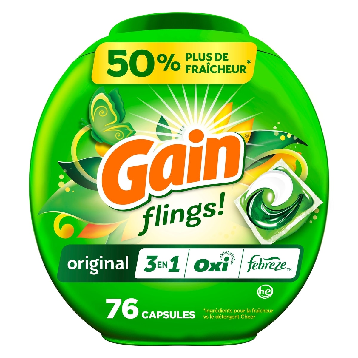 Gain Capsules de détergent à lessive Flings, capsules de détergent HE 3 en 1 avec Oxi Boost et Febreeze, parfum Original, 76 capsules 1.54 kg, 1,30 $/100g