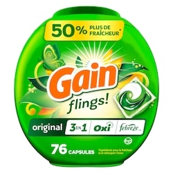 Gain Capsules de détergent à lessive Flings, capsules de détergent HE 3 en 1 avec Oxi Boost et Febreeze, parfum Original, 76 capsules 1.54 kg, 1,82 $/100g