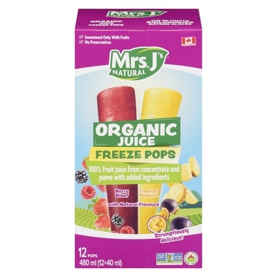 Mrs J's Natural Organic Juice Freeze Pops 480 ml, $1.35/100ml