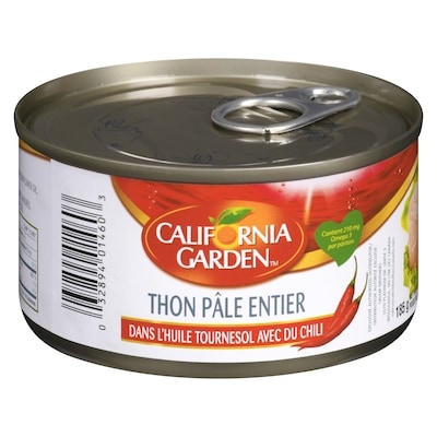 California Garden Thon pâle entier dans l'huile tournesol avec du chili 185 g, 2,32 $/100g