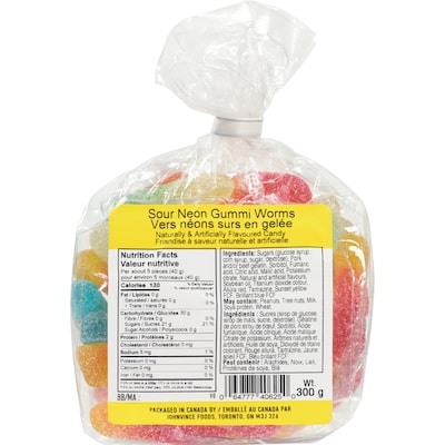 Johnvince Foods Naturally & Artificially Flavoured Candy Sour Neon Gummi Worms 300 g, $1.00/100g