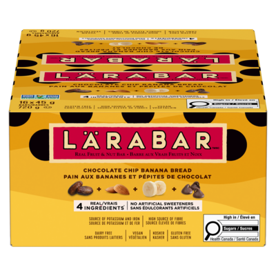 Larabar Pain aux Bananes et Pépites de Chocolat, Barres Énergétiques aux Fruits et Noix Vegan sans Gluten (caisse) 16x45.0 g, 3,06 $/100g