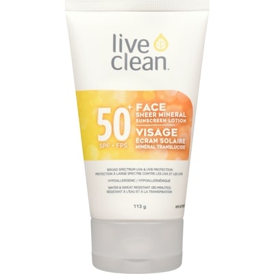 Live Clean Écran solaire minéral translucide FPS 50+ visage 113 g, 15,48 $/100g