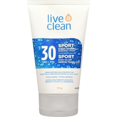 Live Clean Écran solaire minéral translucide sport FPS30 113 g, 15,49 $/100g