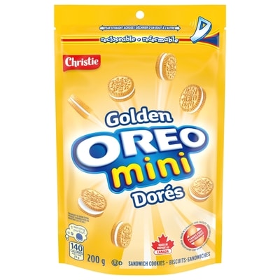 Christie Mini biscuits-sandwiches OREO Dorés, usine exempte d’arachides 200 g, 2,15 $/100g