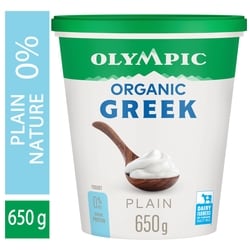 Olympic Organic Greek Plain Yogurt 0% 650 g, $1.31/100g