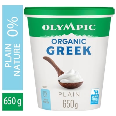 Olympic Organic Greek Plain Yogurt 0% 650 g, $1.38/100g