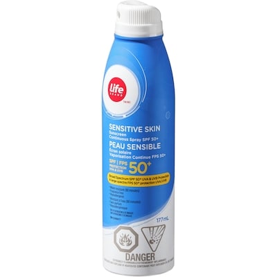 Life Brand Sensitive Skin Sunscreen Continuous Spray SPF 50+ 177 ml, $5.65/100ml