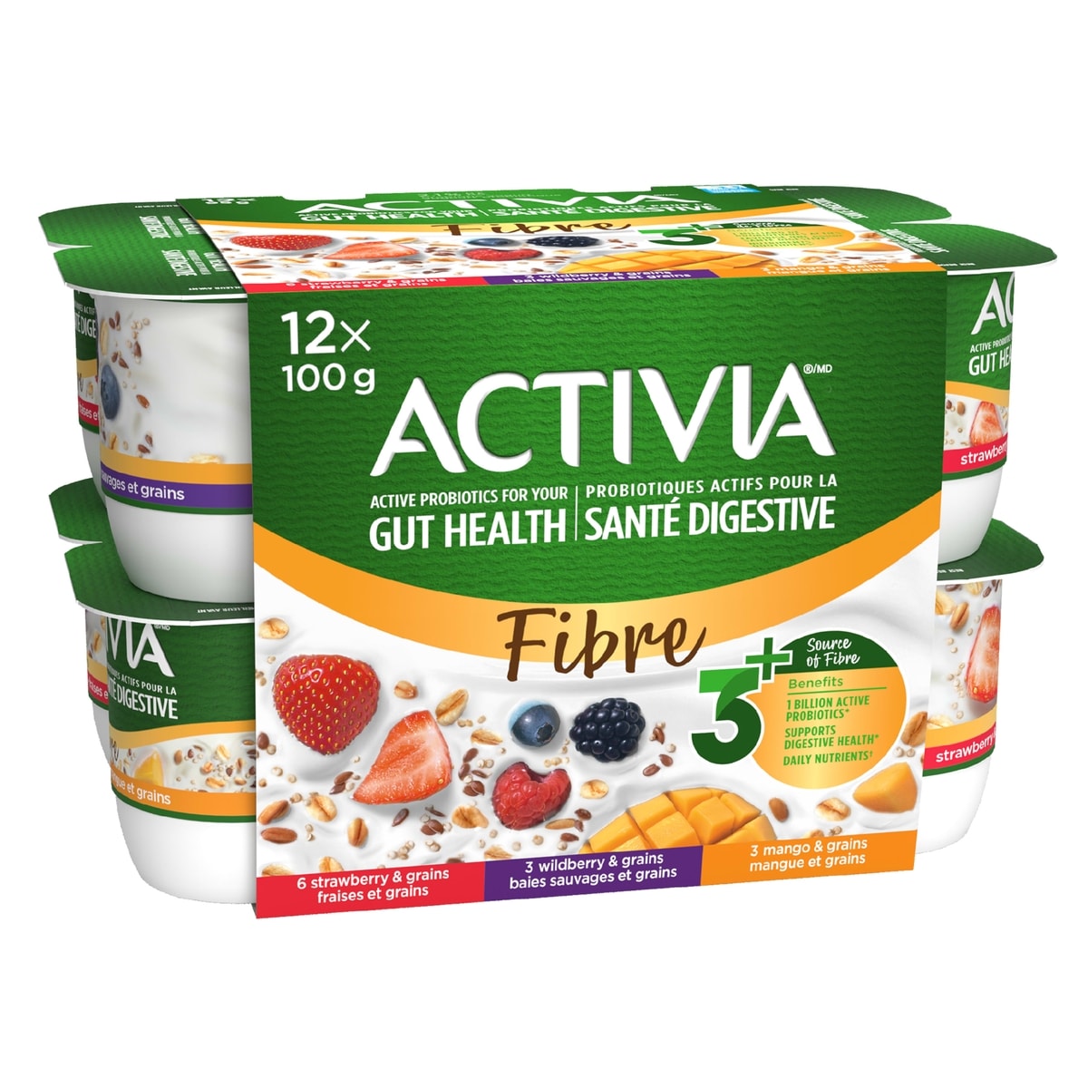 Activia Yogourt probiotique source de fibres, Fraises - baies sauvages - mangue 1140 g, 0,57 $/100g