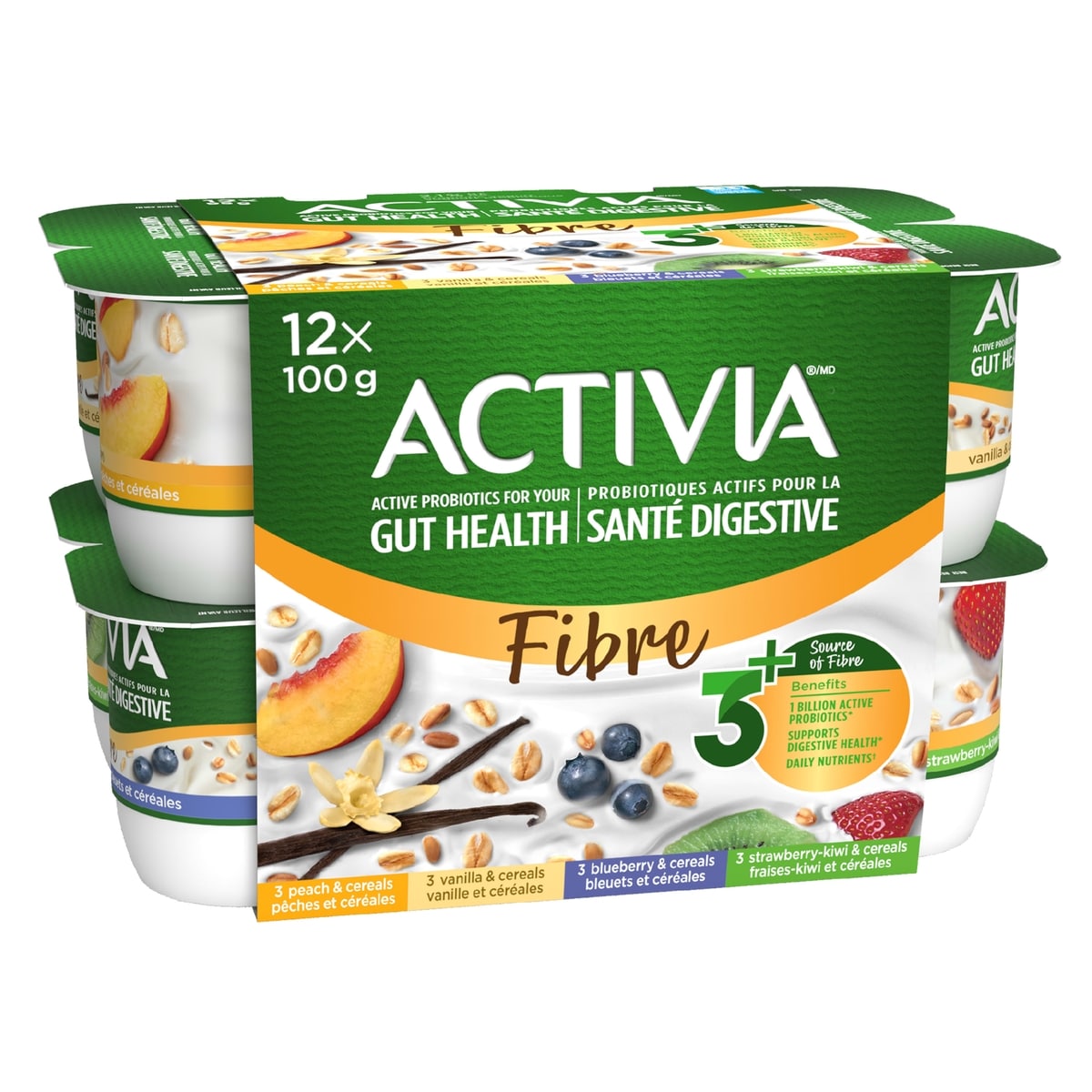 Activia Probiotic Yogurt, Fibre, Peach/Blueberry/Vanilla/Strawberry-Kiwi 1140 g, $0.79/100g