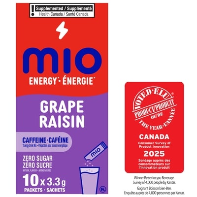 MiO Mélange de boisson au raisin energy en poudre, sachets de 3, 3 g, boîte de 10 ct 33 g, 9,85 $/100g