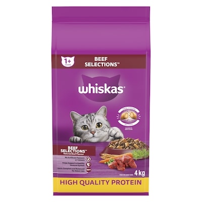 Whiskas Adult Dry Cat Food Beef Selections With Natural Beef Flavour 4 kg, $0.50/100g