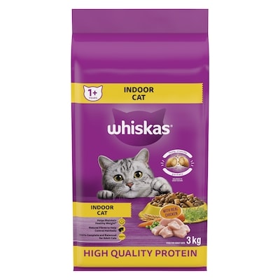 Whiskas Indoor Cat Adult Dry Cat Food With Real Chicken 3 kg, $0.67/100g