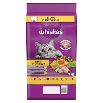 Whiskas Nourriture sèche pour chats d'intérieur avec poulet véritable 3 kg, 0,70 $/100g