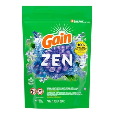 Gain Super Sized Flings Laundry Detergent Pacs, Zen, 3-in-1 Detergent Pacs with and Oxi, 18 Count 799 g, $1.75/100g