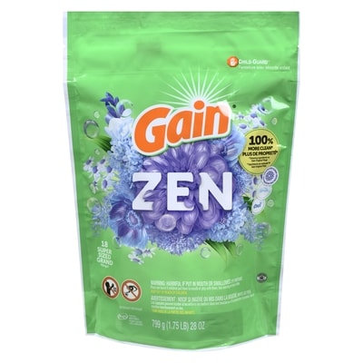 Gain Super Sized Flings Laundry Detergent Pacs, Zen, 3-in-1 Detergent Pacs with and Oxi, 18 Count 799 g, $1.63/100g