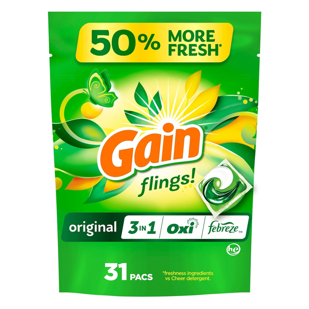 Gain flings Laundry Detergent Soap Pacs, HE Compatible, 31 Count, Long Lasting Scent, Original Scent 660 g, $2.12/100g