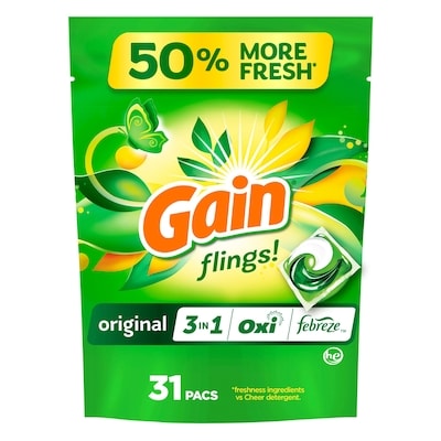 Gain flings Laundry Detergent Soap Pacs, HE Compatible, 31 Count, Long Lasting Scent, Original Scent 660 g, $2.12/100g
