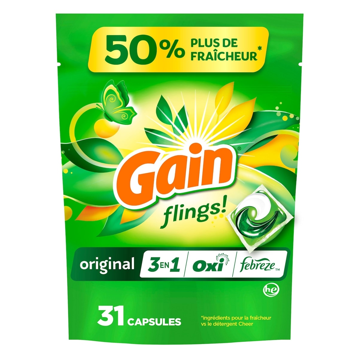 Gain Capsules de détergent à lessive flings, compatible avec les laveuses HE, parfum original longue durée, 31 capsules 660 g, 2,12 $/100g