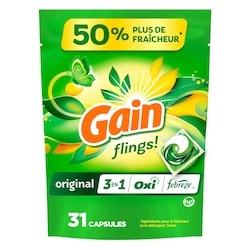 Gain Capsules de détergent à lessive flings, compatible avec les laveuses HE, parfum original longue durée, 31 capsules 660 g, 1,52&nbsp;$/100g