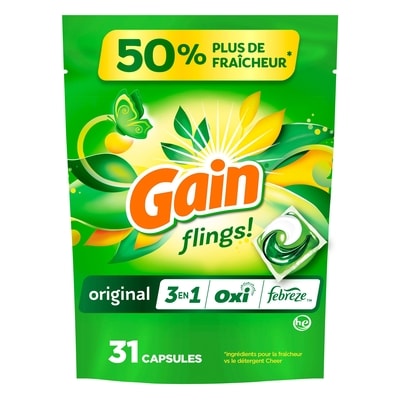 Gain Capsules de détergent à lessive flings, compatible avec les laveuses HE, parfum original longue durée, 31 capsules 660 g, 1,67 $/100g
