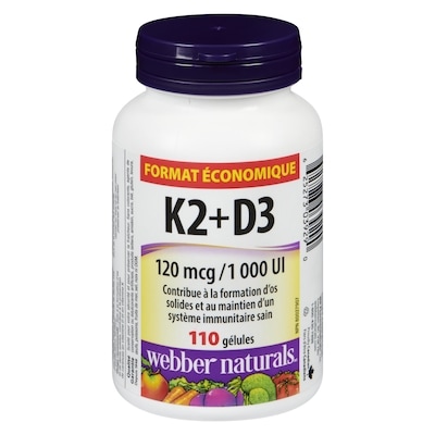 Webber Naturals K2+d3 120 mcg /1 000 ui format économique 110 ea, 0,13 $/1ch