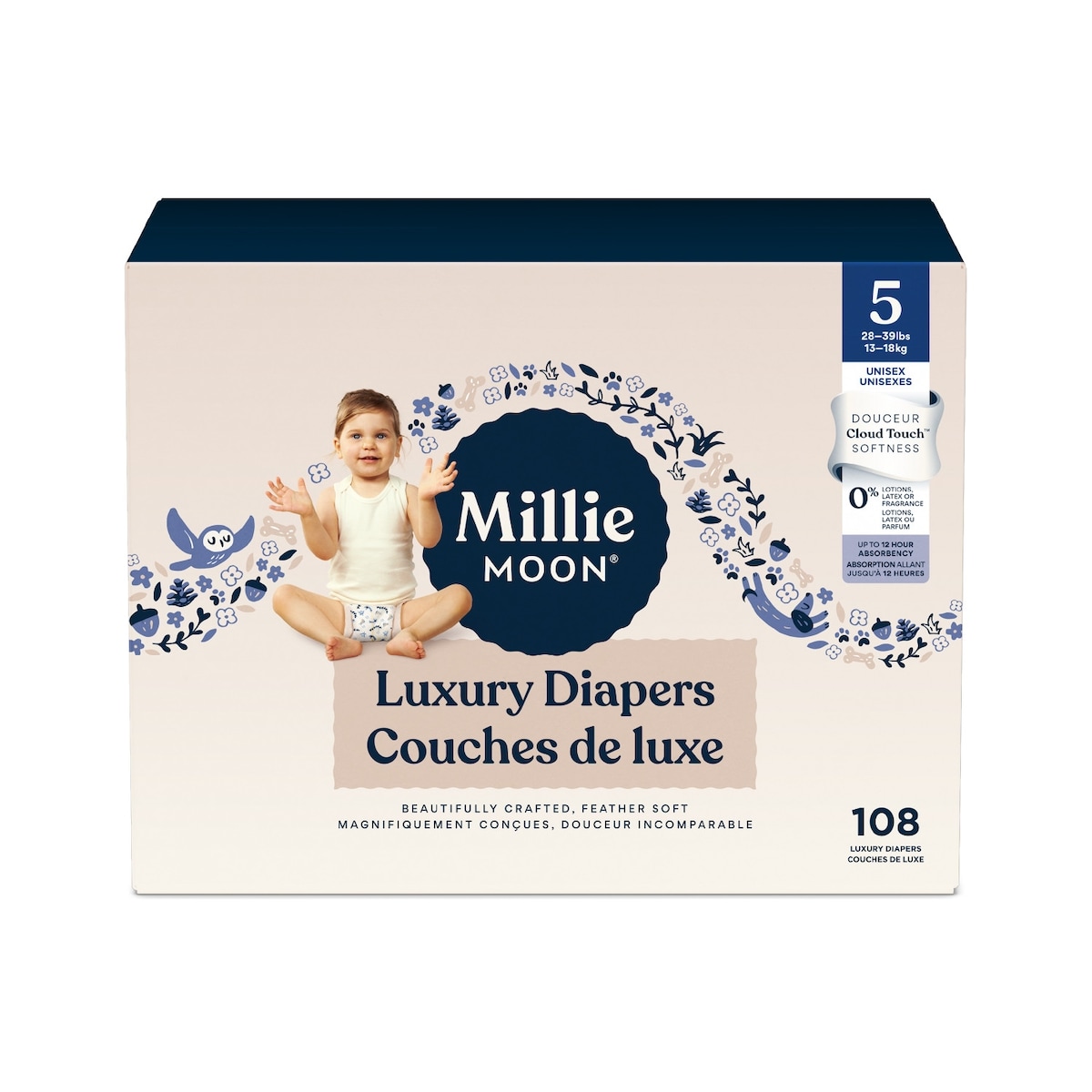 Millie Moon Luxury Diapers 5 28-39lbs Unisex 108 ea, $0.37/1ea