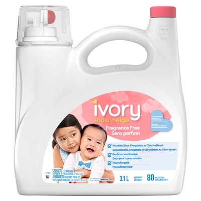 Ivory Snow Détergent à lessive liquide pour bébé Neige non parfumé, 80 unités , détergent hypoallergénique sans parfum 3.1 l, 0,71 $/100ml