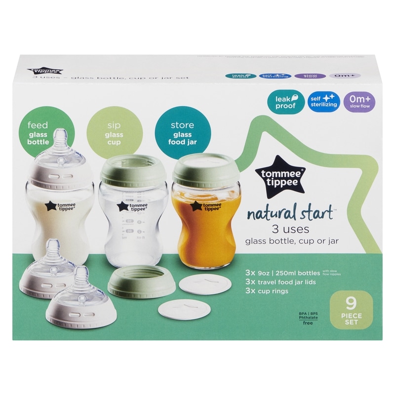 Natural Start Glass Bottle, Cup Or Jar 0m+ Slow Flow 3 Uses 250 Ml