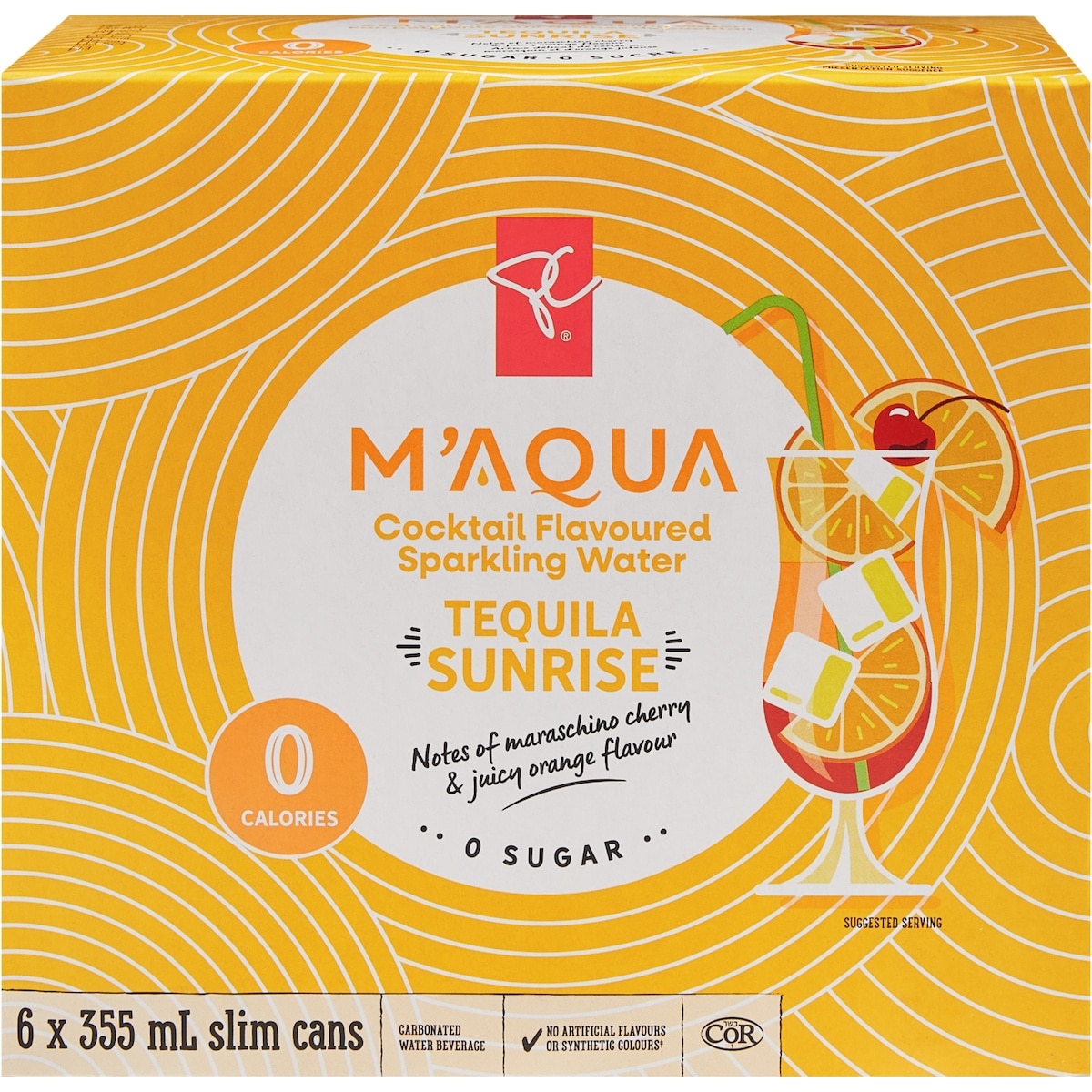 President's Choice M'AQUA Tequila Sunrise Cocktail Flavoured Sparkling Water 6x355.0 ml, $0.30/100ml