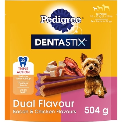 Pedigree Dentastix Oral Care Adult Mini Breed Dog Treats Dual Flavour Bacon & Chicken 504 g, $2.28/100g