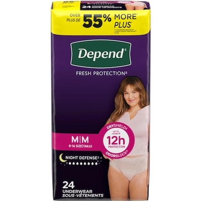 Depend Sous-vêtements d’incontinence Night Defense de nuit, M, 24 unités  24 ea, 1,50 $/1ch