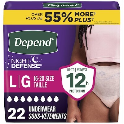 Depend Sous-vêtements d’incontinence et fuites urinaires post-partum pour femmes adultes Night Defense pour femmes, jetables, de nuit, grande taille, roses, 22 unités 22 ea, 1,45 $/1ch