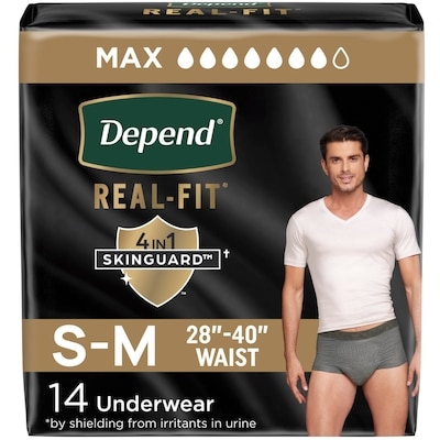 Depends Real Fit Incontinence Underwear for Men, Disposable, Maximum Absorbency, Small/Medium, Black and Grey, 14 Count  14 ea, $1.43/1ea